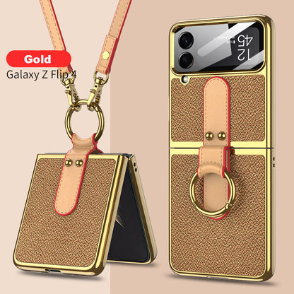 Leather Back Screen Tempered Glass Hard Frame Case For Samsung Galaxy Z Flip4 5G With Lanyard