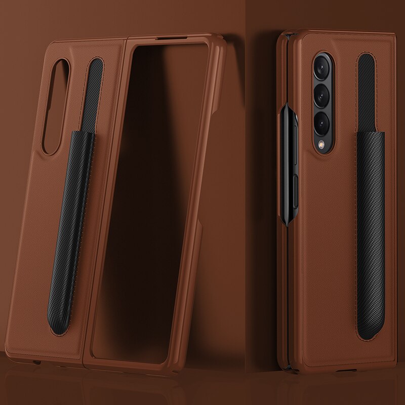 Anti-Fingerprint Thin Leather Case for Samsung Galaxy Z Fold 3 5G Fold3 Fashion Pen Holder Design Phone Cover