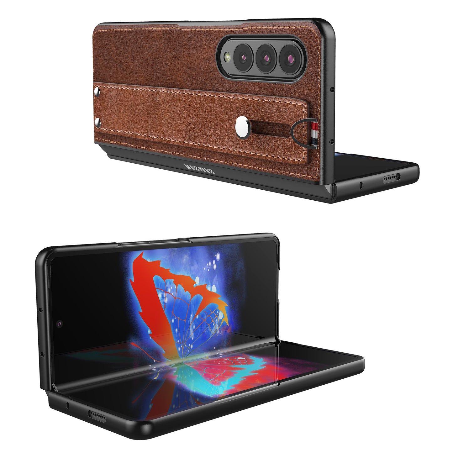 Samsung Galaxy Z Fold 3 5G Case Slim Lightweight Genuine Leather Hand Strap Protective Shockproof Cover