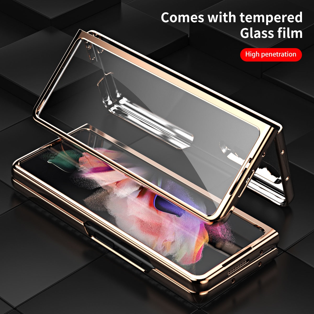 Plating Folding Case for Samsung Galaxy Z Fold 3 5G Fold3 with Tempered Glass Screen Protector Film Cover