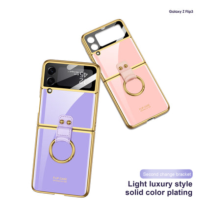 Electroplate Tempered Glass Phone Case For Samsung Galaxy Z Flip 3 5G Case Ring Holder Cover For Galaxy Z Flip3 5G