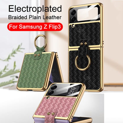 Plating Leather Weaving Case For Samsung Galaxy Z Flip 3 5G Case Back Screen Protector Hard Cover For Samsung Z Flip3