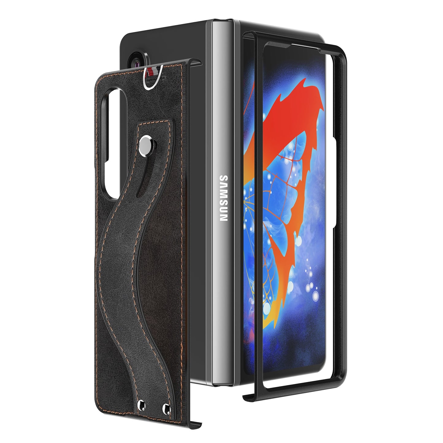 Samsung Galaxy Z Fold 3 5G Case Slim Lightweight Genuine Leather Hand Strap Protective Shockproof Cover