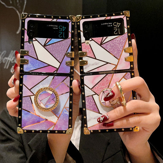 Luxury Rhombus Pattern Ring Holder Protective Case For Samsung Galaxy Z Flip4 Flip3 5G pphonecover