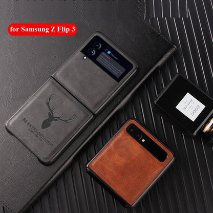 Luxury Leather Case for Samsung Z Flip 3 Cover Vintage Elk Pattern Flip3 Business Shockproof Shell for Galaxy Z Flip 3 Case