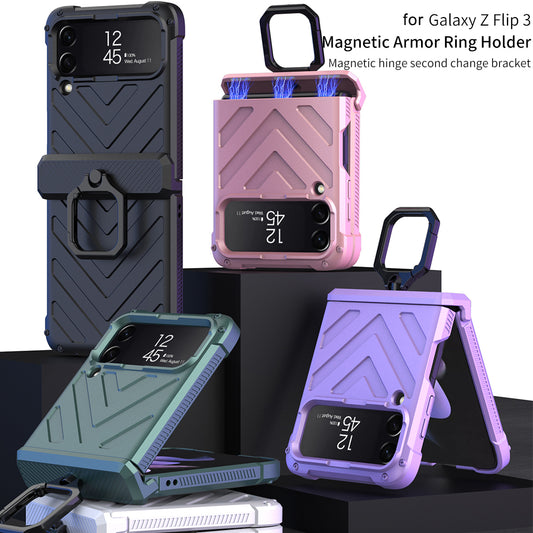 Magnetic Hinge Hard Armor Shockproof Case For Samsung Galaxy Z Flip 3 5G Case with Ring Holder Support Wireless Charging