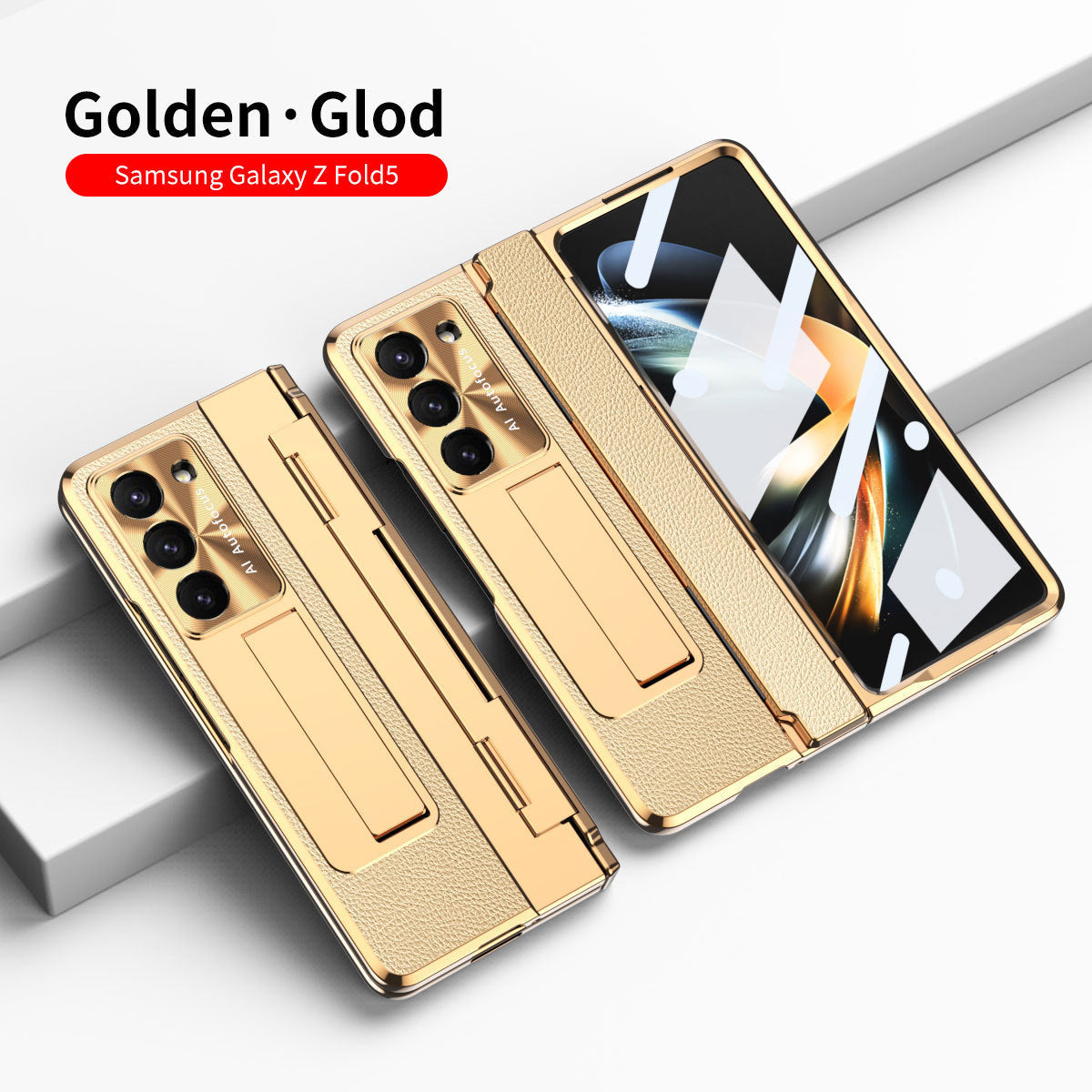 Plating Leather Galaxy Z Fold5 Case with Front Screen Protector & Flat Hinge Protection & Hidden Stand