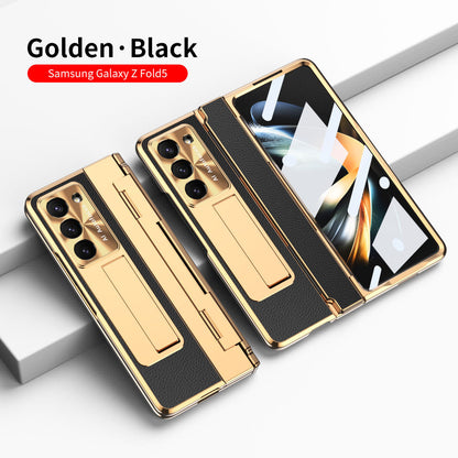 Plating Leather Galaxy Z Fold5 Case with Front Screen Protector & Flat Hinge Protection & Hidden Stand