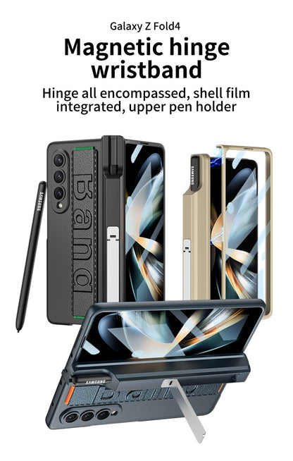 Magnetic Hinge Wrist Band Case For Samsung Galaxy Z Fold 4 5G Cover Pen Holder Screen Tempered Glass