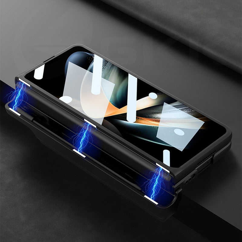 Magnetic Hinge Matte Leather Hard Case For Samsung Galaxy Z Fold 4 5G Cover Front Tempered Glass