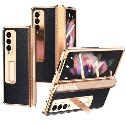 Tempered Glass Hinge Protect Case For Samsung Galaxy Z Fold 2 Luxury Gold Plating Leather Fold Bracket Armor For Z Fold 3 Cases