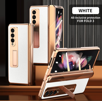 Tempered Glass Hinge Protect Case For Samsung Galaxy Z Fold 2 Luxury Gold Plating Leather Fold Bracket Armor For Z Fold 3 Cases