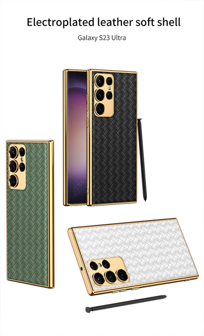 Weaved Pattern Electroplated PU Leather Mobile Phone Case For Samsung Galaxy S23 S23 Plus S23 Ultra