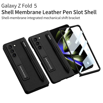 Slim Leather Samsung Galaxy Z Fold 5 Case with Front Screen Tempered Glass Protector & Pen Slot & Stylus