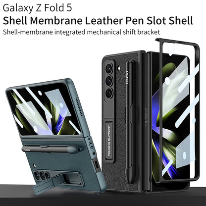 Slim Leather Samsung Galaxy Z Fold 5 Case with Front Screen Tempered Glass Protector & Pen Slot & Stylus