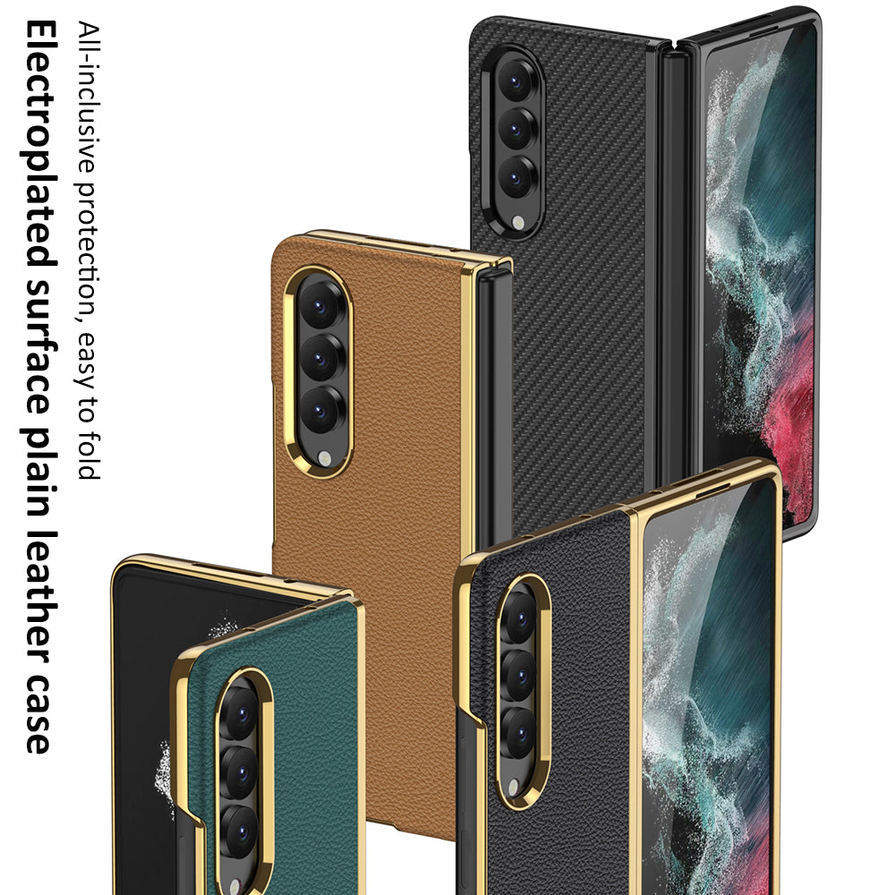 Ultra-thin Leather Electroplated Full-Protection Hard Case With Electroplated lens For Samsung Galaxy Z Fold4 5G