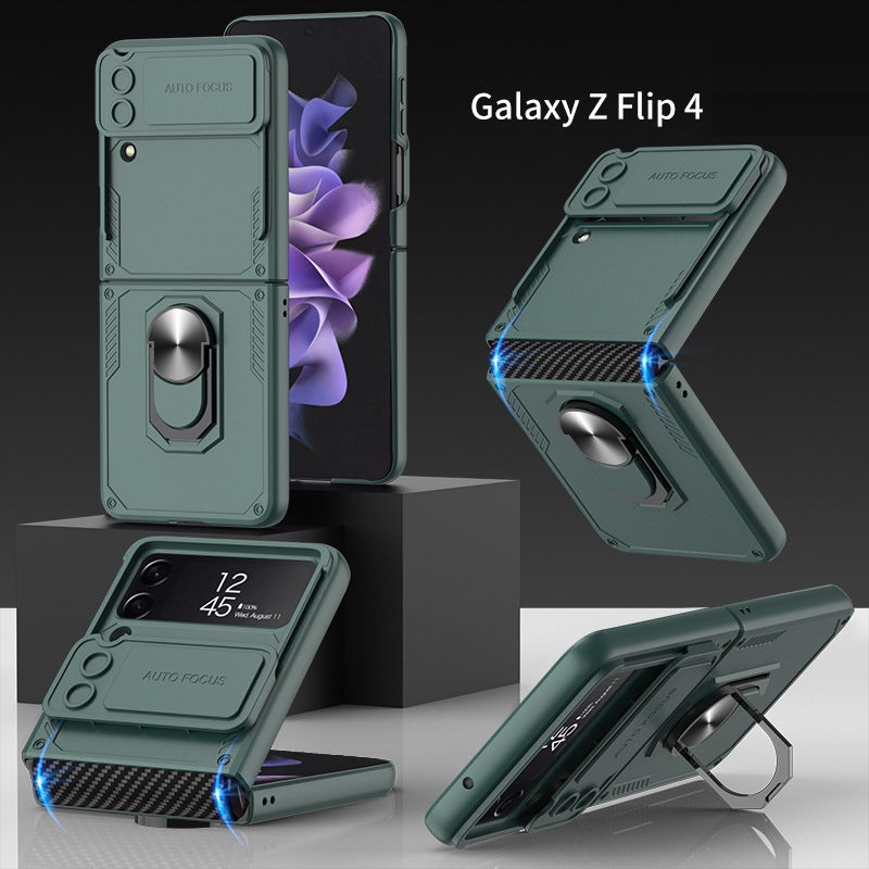 Armor Shockproof Bracket Case For Samsung Galaxy Z Flip4 5G With Ring Holder and Lens Slide Protector