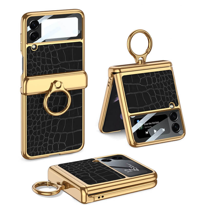 Electroplated Leather Magnetic Hinge Ring Holder Case For Samsung Galaxy Z Flip4 5G