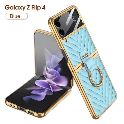 Luxury Electroplated Soft Case For Galaxy Z Flip4 5G With Back Glass And Ring Holder Standard