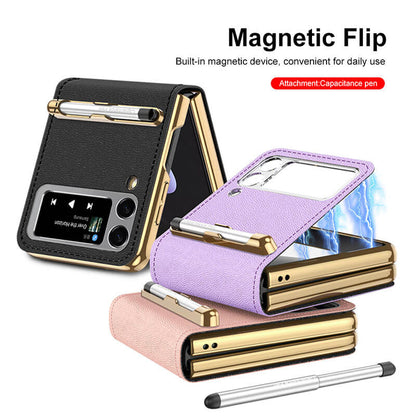 Electroplating Plain Leather Magnetic Case With Capacity Pen and Makeup Mirror For Samsung Galaxy Z Flip3 5G