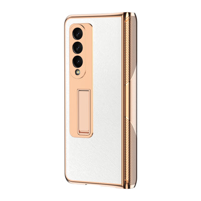 Electroplating & Leather  Folding Protection Case For Samsung Galaxy Z Fold 3 With HD Tempered Glass And Anti-slip Hinge Protection