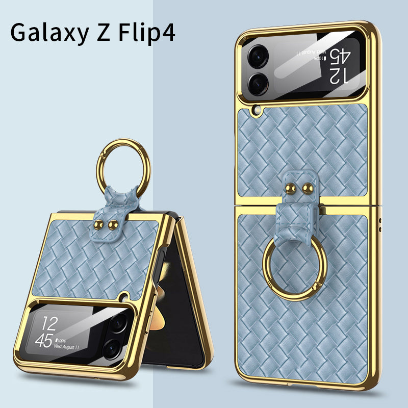 Electroplated Weave Leather Case For Galaxy Z Flip4 5G With Back Glass And Ring Holder Standard