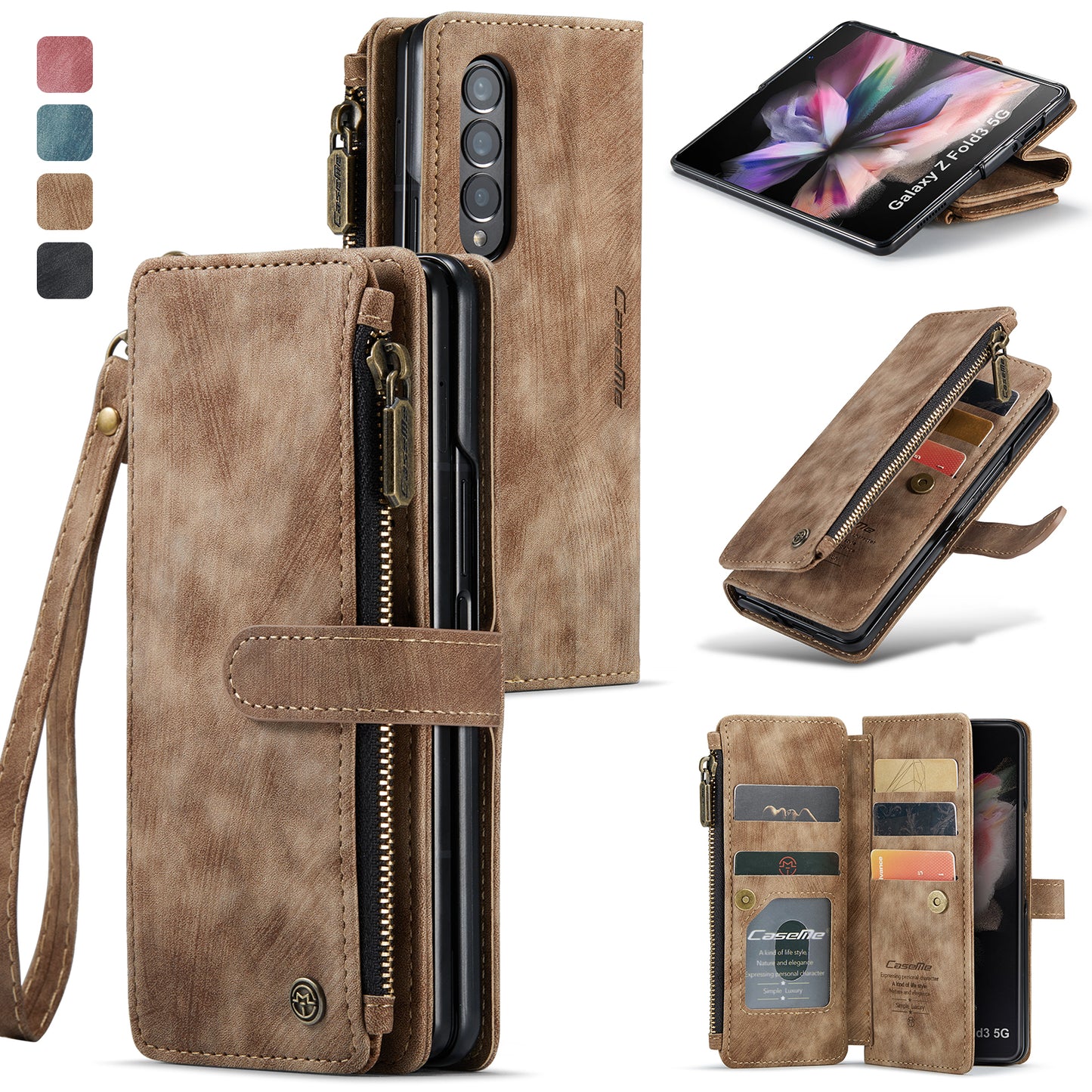 Samsung Galaxy Z Fold4 5G Wallet Case With Lanyard Strap Wristlet Zipper Card Holder Case